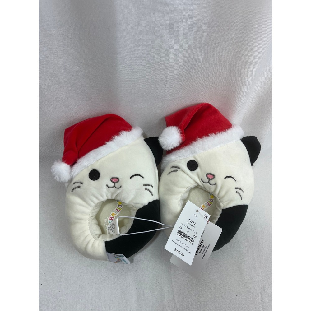 Squishmallows‎ Santa Hat Cat Slippers Kids Size 11/12 Off-White Black Christmas